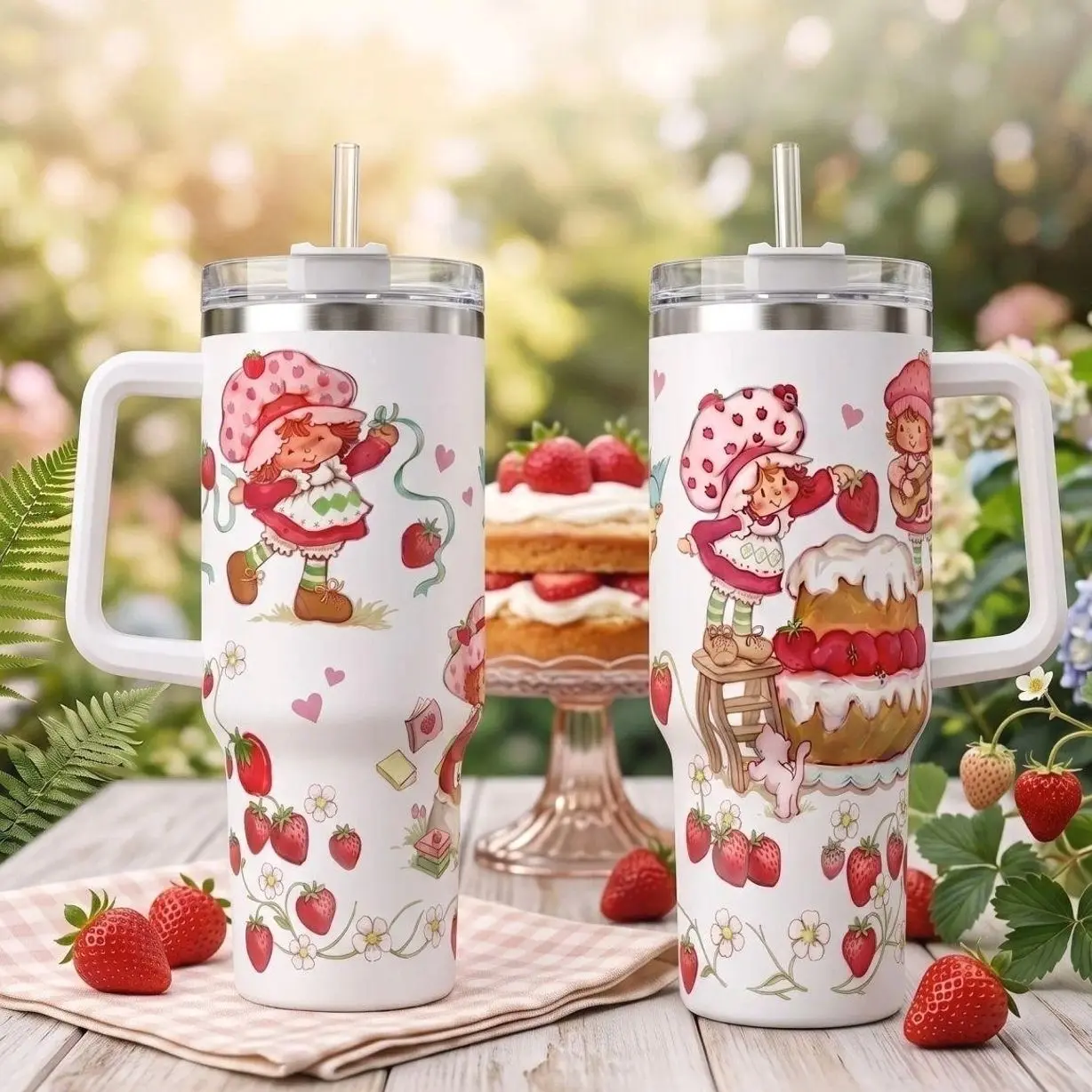 40/30/20oz 80s Cartoon Strawberry & Rainbow Insulated Tumbler with Handle and Straw, Double Wall Vacuum Insulated Travel Mug, Trendy Collector Drinkware