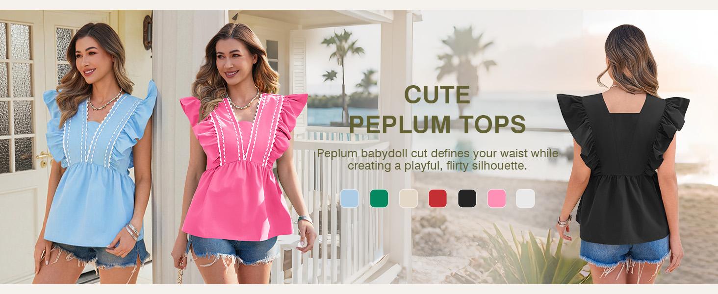 【Limited Deals】TANKANEO Women's V-Neck Babydoll Blouse, Elegant Ruffle Short Sleeve Top with Scalloped Trim, Loose-Fitting Dressy Casual for Summer, Lady, Shirts,clothes for back to school,first day of school outfits
