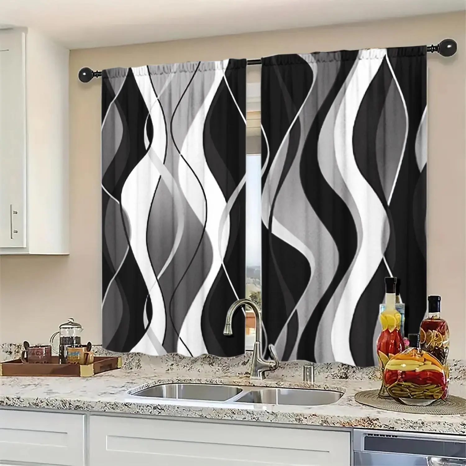 2 abstract art striped printed curtains, made of semi transparent polyester material, with stylish pole pockets suitable for bedrooms, offices, kitchens, living rooms, Home Decoration Curtain, Window Curtain, Semi Sheer Curtain