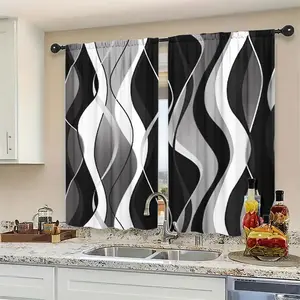 2 abstract art striped printed curtains, made of semi transparent polyester material, with stylish pole pockets suitable for bedrooms, offices, kitchens, living rooms, Home Decoration Curtain, Window Curtain