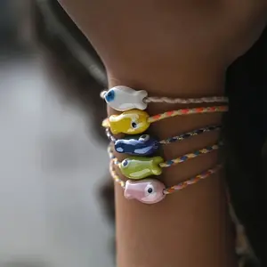 5-piece boho style ceramic fish braided adjustable bracelet set, daily party accessories, best gift for friends for festivals