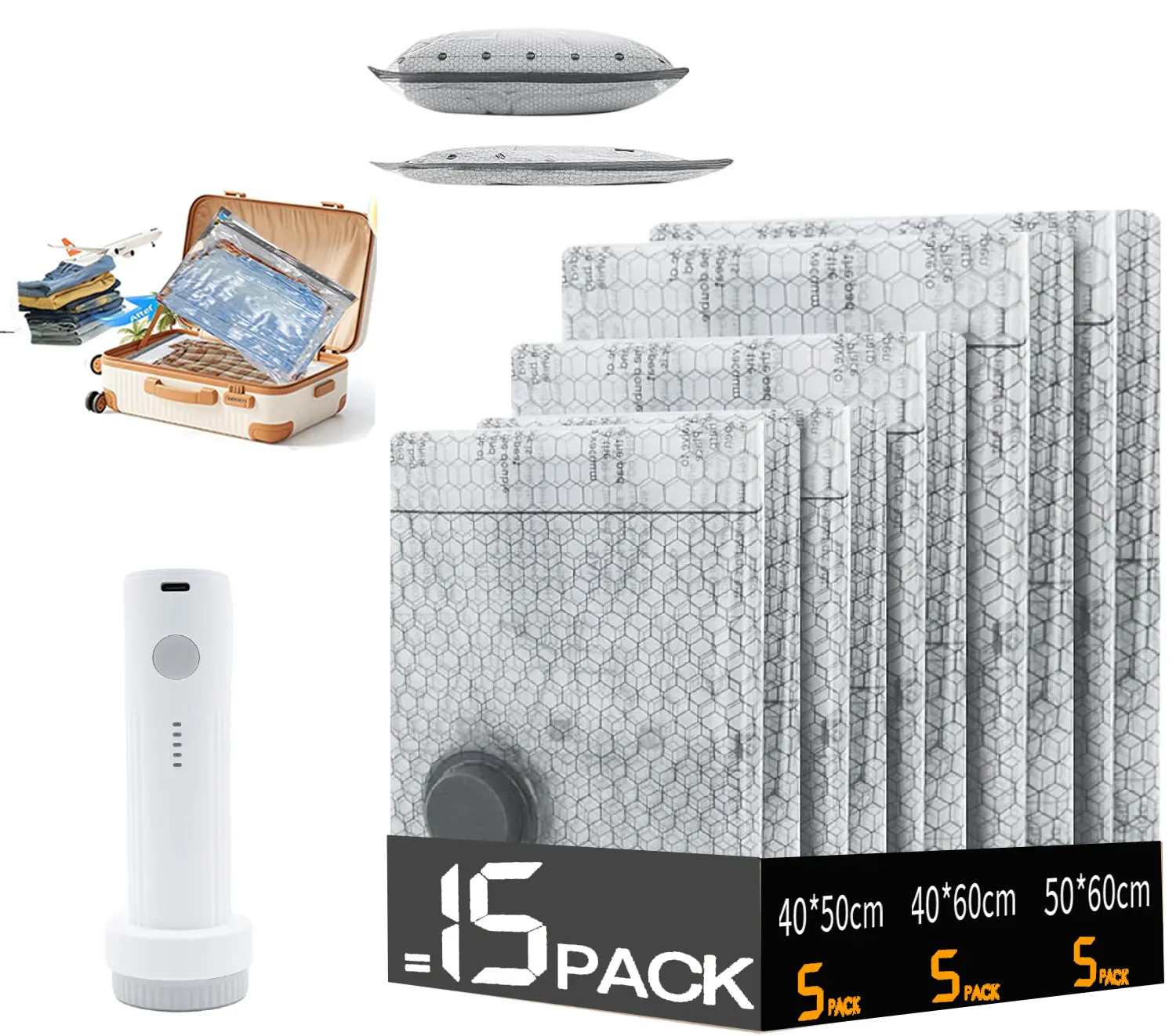 Vacuum Storage Bags Space Saver Bags with Rechargeable Pump 15 Pack Clothes Vacuum Bags Compression Bags for Storage Small Closet Dorm Apartment Moving Travel Organization