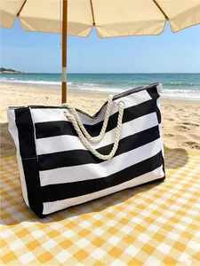 Black and white striped large-capacity beach tote bag set, a casual canvas rope-handled beach bag with a zippered pouch, suitable for summer travel, pool parties, vacations, and daily shopping, can store swimsuits, towels, cosmetics, and outdoor