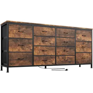 Garvee 14-Drawer Dresser and 63-Inch Fabric Entertainment Stand with Power Outlet, Suitable for 65, 70, 75-Inch Screens, Ideal for Bedroom, Closet, Living Room, and Entryway