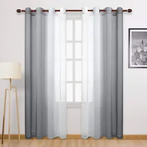 Grey Faux Linen Ombre Sheer Curtains  Semi Voile Gradient Grommet Top Curtains for Bedroom and Living Room, Set 2 Window Curtain Panels, 52 x 84 Inches Long