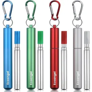 Cruise Ship Essentials,4-Pack reusable Collapsible Stainless Steel Drinking Straws with Aluminum Case,Cleaning Brush,and Keychains-Silver,Blue,Red,Green