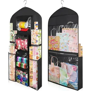 Hanging Gift Wrapping Paper Storage, 48x24 (Extra Large) Black Double-Sided Christmas Wrapper Bag Container, Oxford Long Craft Roll Organizer, Present Wrap Holder for Closet, Door