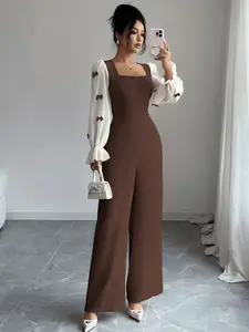 A women's coffee-colored contrast splicing design sense square-neck white puffy-sleeve bow decoration flared cuff overalls, suitable spring and autumn, suitable for daily commuting and home wear.