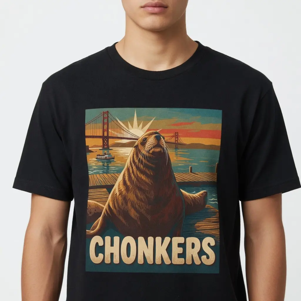 Chonkers the Sea Lion T-Shirt Retro San Francisco Pier 39 Graphic Tee Funny Maritime Golden Gate Bridge Vintage Style Black Cotton Unisex S-4XL Summer Streetwear Gift for Men Women - Casual, Fabric
