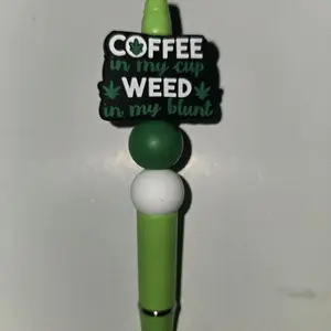 420 Beadable Pen with Coffee and Weed Design Green and White Beads for Customization Ideal for Creativity Enthusiasts