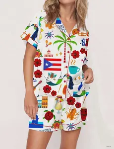 Staycation Style: Puerto Rico Vacation Satin Pajama Set for Women - Breathable Summer Nightwear