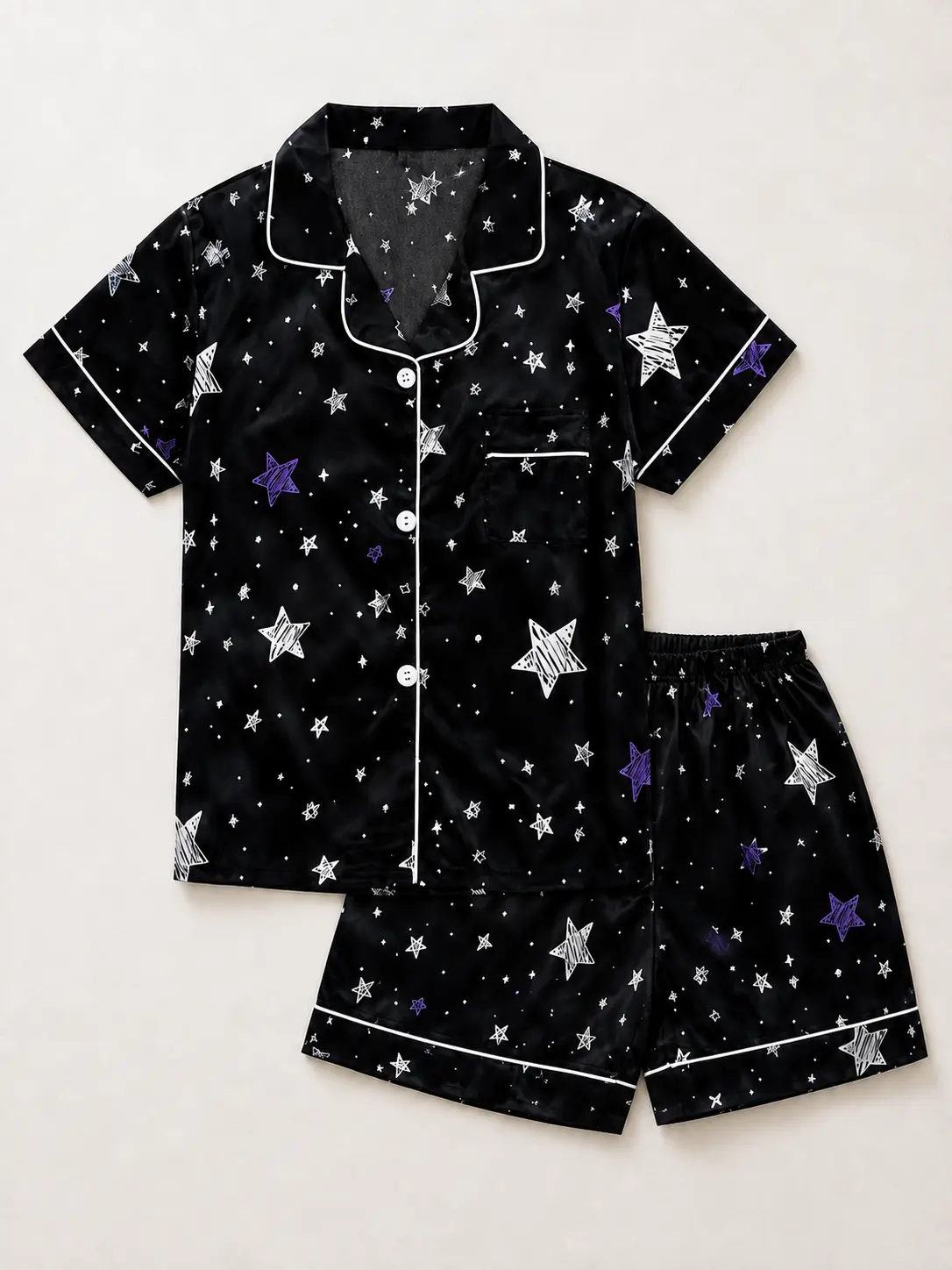 Boys Star Print Satin Pajama Set, 2 Piece Short Sleeve Button Down Sleepwear with Shorts, Soft Kids PJs for Ages 5-14