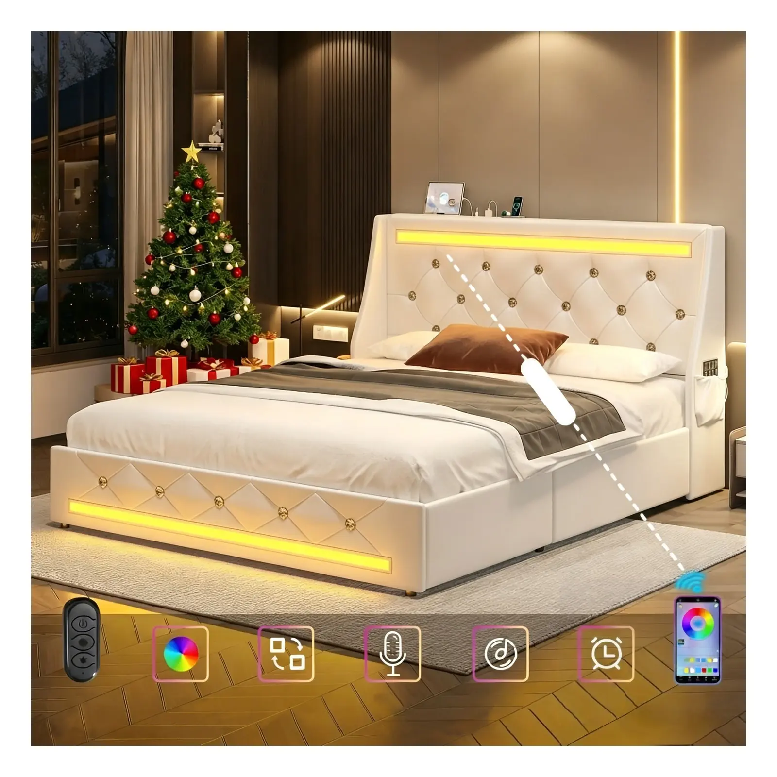 Full/Queen Size Platform Bed Frame with Storage Drawers, Faux Leather Upholstered LED Bed with Charging Station, White/Black
