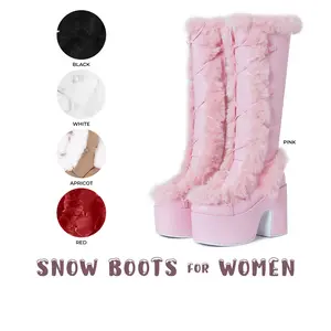 VIMISAOI Knee High Boots for Women Round Toe Platform Boot Chunky Block Heels Side Zipper Warm Faux Fur Lace Up Dress Shoes Womens Boots Womens Boots fur boots furry boots snow boots fluffy boots