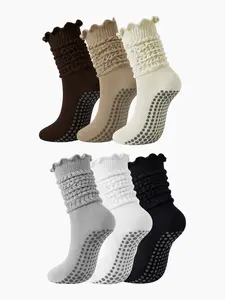 Pilates Socks with Grips for Women, 6 Pairs Women Ruffle Grippy Yoga Ballet Barre Hospital Gym Athletic Socks, Long Scrunch Slipper Socks