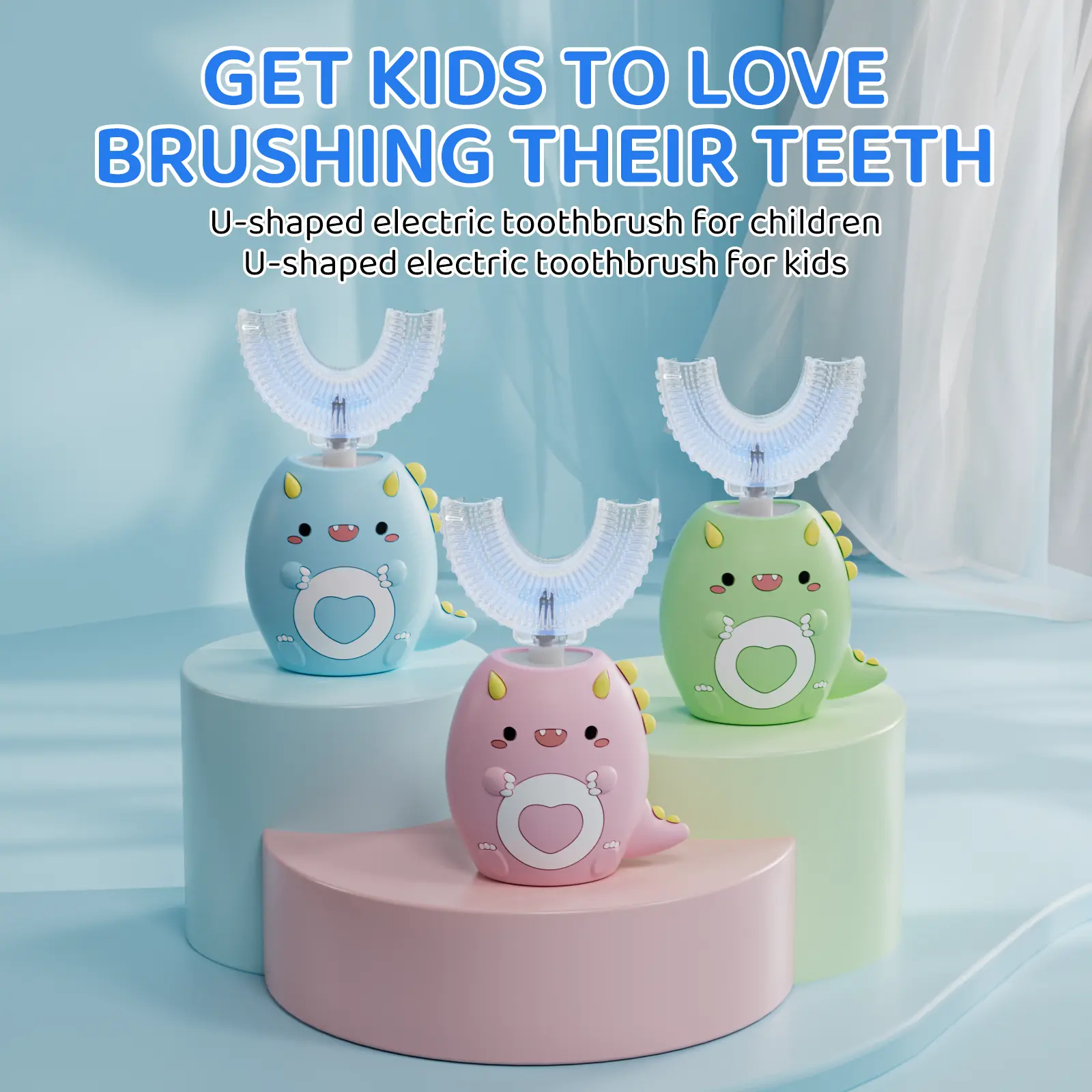 Kids Silicone Soft Electric Toothbrush - Ultrasonic U-Shaped Sensitive Brush, 3 Modes, 4 Heads, 60 Sec Timer, 360° Automatic Sonic Cleansing, IPX7 Waterproof, Cartoon Dinosaur Design, Detachable Brush Heads for Gum Cells Care