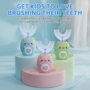 Kids U Shaped Electric Toothbrush, with 3 Cleaning Modes, with 4 Brush Heads, IPX7 Waterproof Cartoon Dinosaur Design,360° Sonic Automatic Toothbrush