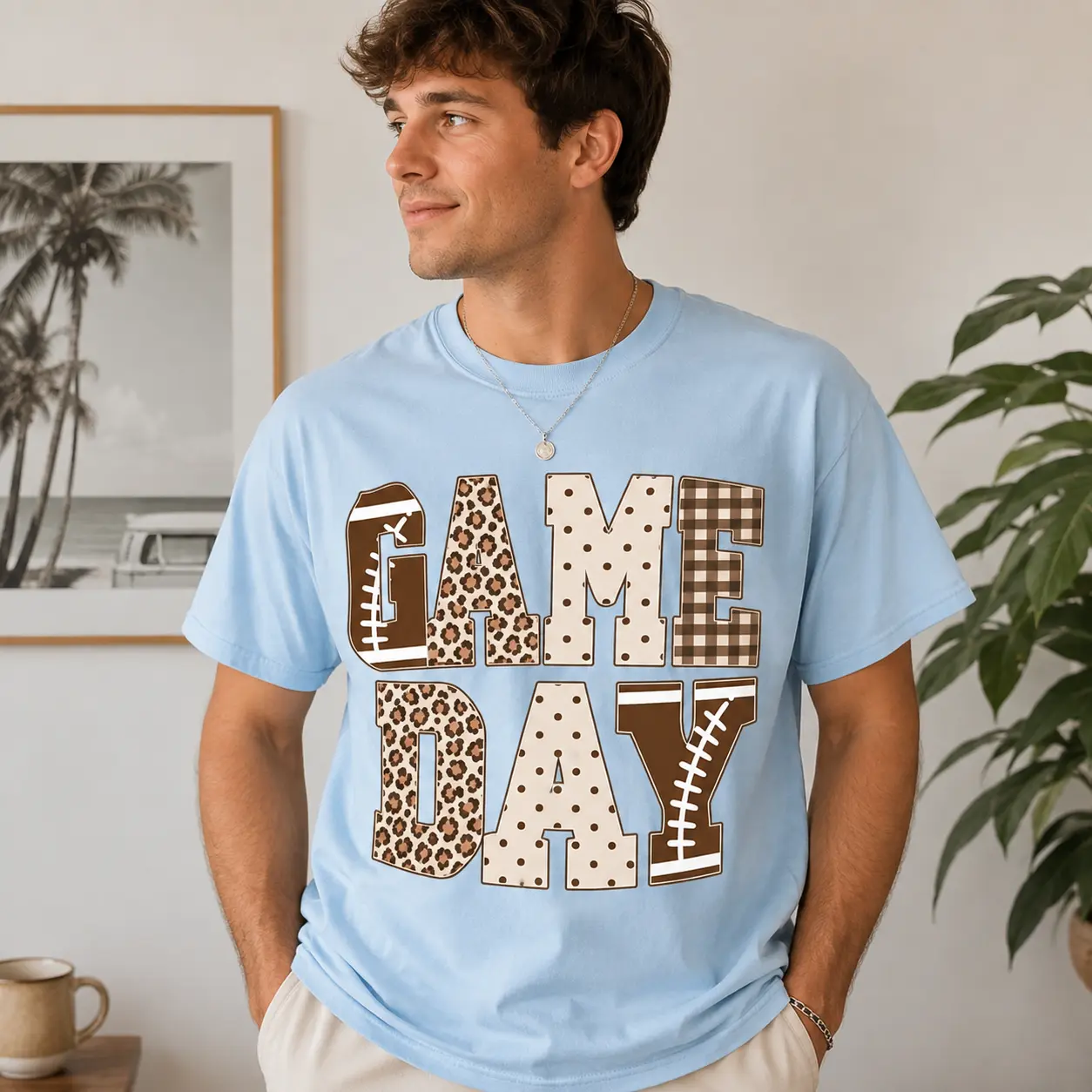 Game Day Football T-Shirt, Football Leopard Graphic Shirt, Football Dots Gingham, Cute Sports Gifts For Football Fans