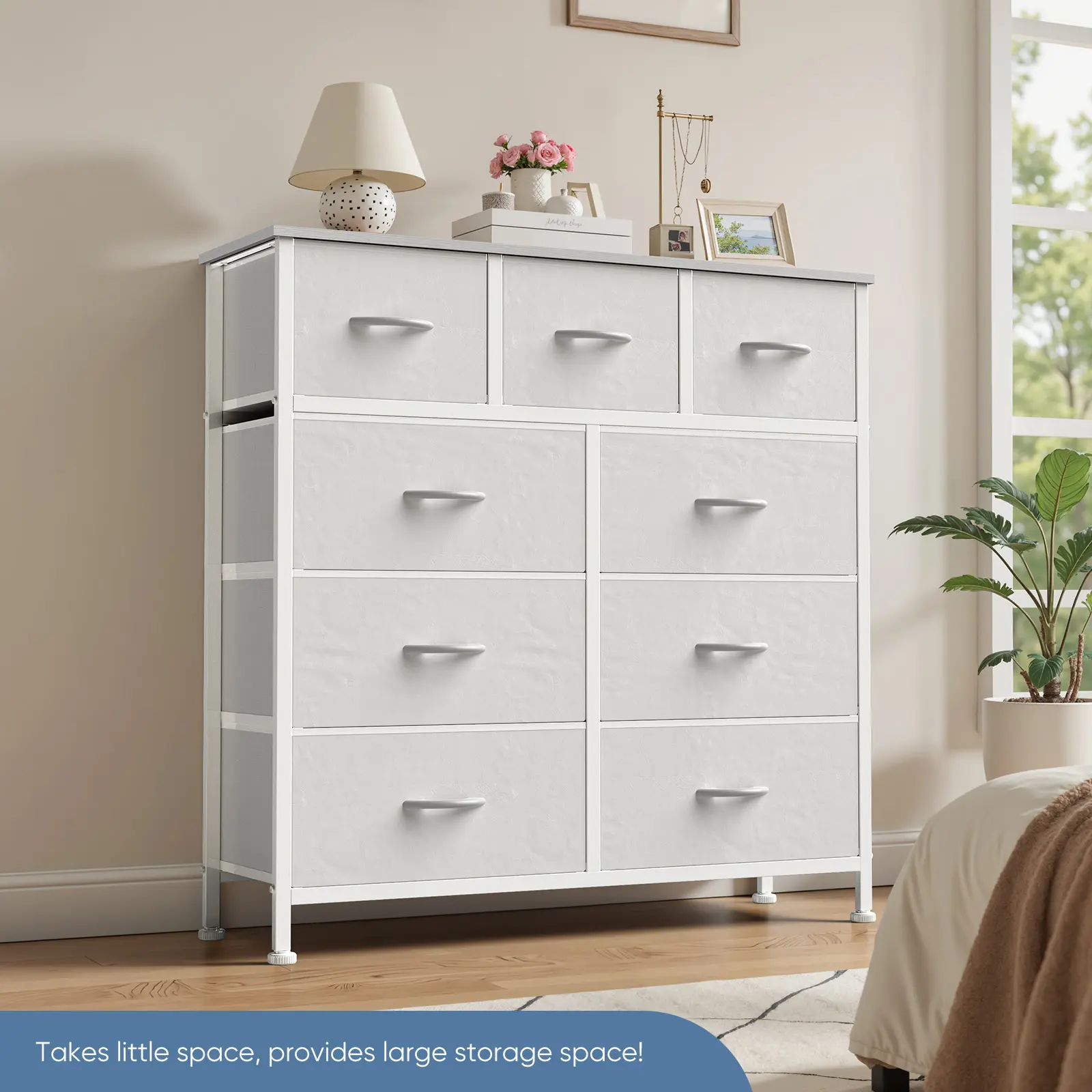 9 Drawers Dresser for Bedroom, Storage Drawers, Fabric Storage Tower Chest of Drawers with Fabric Bins, Sturdy Metal Frame