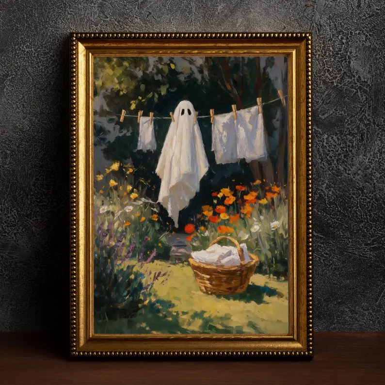 Ghost Laundry Print Poster - Multi-Size Paper Surface Artwork, Spring Home Decoration, Laundry Room & Cottagecore Wall Art, Ideal Gifts, Artistic, Spring Print