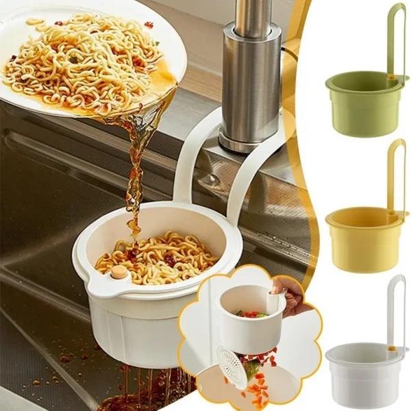 WT-Automatic Dumping Sink Strainer Basket, Multifunctional One -Touch Push-Type Kitchen Sink Faucet Hanging Drain Basket and Strainer - Separate Filter - Vegetable & Fruit Washing Drain (White)