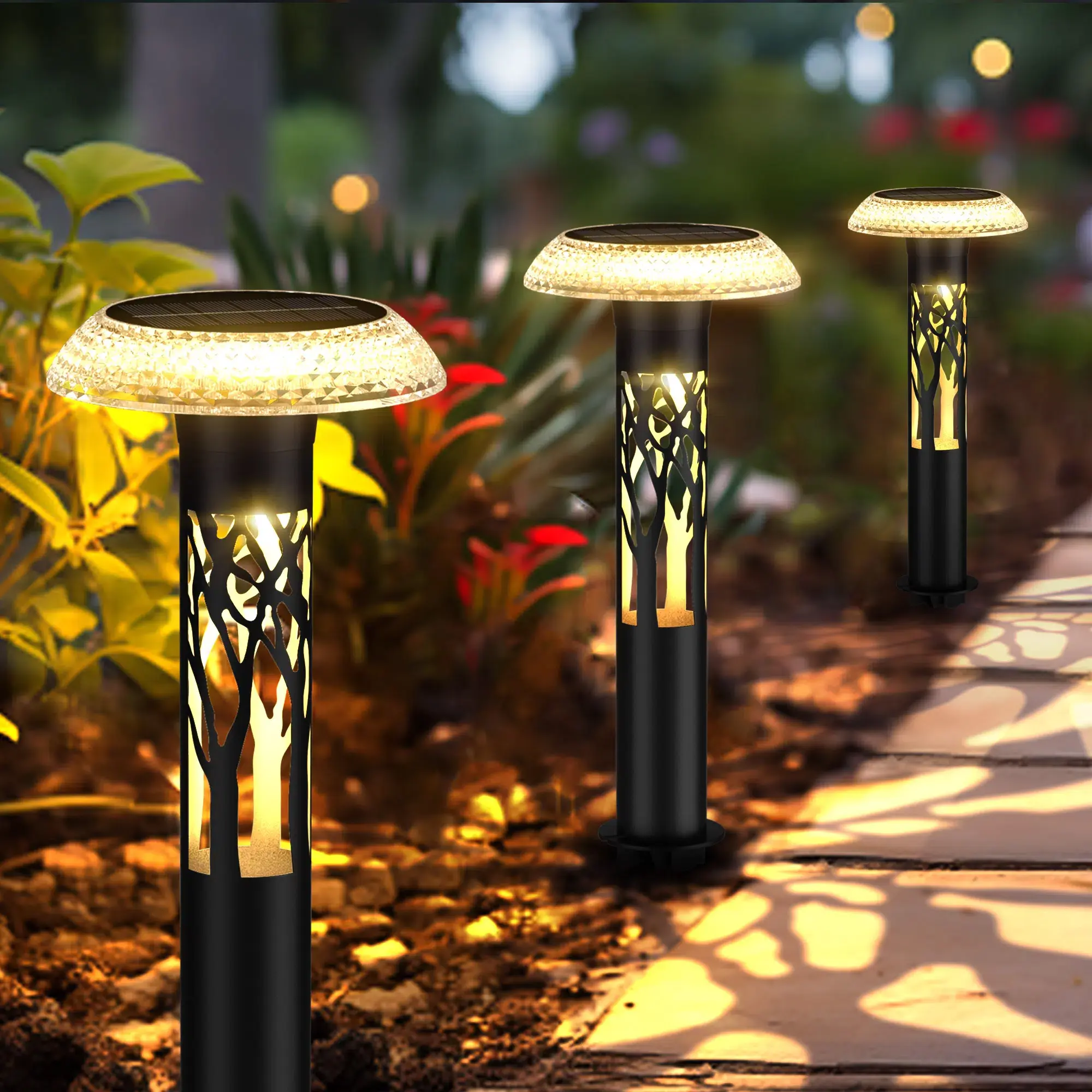 DERAYSION 6 Pack Solar Pathway Lights Outdoor, 18.3 Inch IP65 Waterproof Solar Garden Lights, Tree Pattern Diamond Shade, 9 Modes Warm White & Color Changing Dual LED Solar Landscape Lights for Yard Patio Walkway Decor