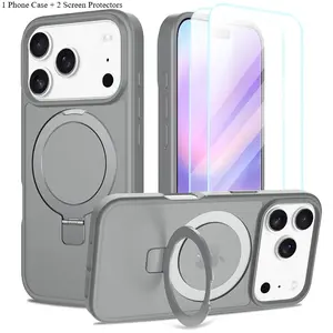 Phone Case: 3 Pack[1 Pack Phone Case+ 2 Pack Screen Protectors] Luxury Magnetic Fold Stand Phone Case Suitable for iPhone 17 Pro Max Air 17E 16 15 Pro Max 16E 14 13 12 Pro Max, Daily& Outdoor Use Protective Cover Frosted Translucent Cover