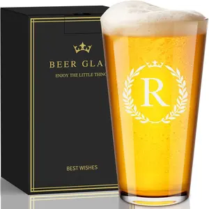 Personalized  Glasses Gifts for Men, 16 oz Pint Glasses Monogrammed A-Z Drinking Glass Cups Customized ,  Christmas Anniversary Birthday Gifts for Men Him Dad Brother Husband Grandpa (R)
