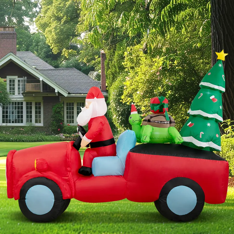7FT Christmas Inflatables Outdoor Decoration: Santa Claus Driving Red Truck with Turtle and Christmas Tree Built-in LED Lights Blow Up Yard Inflatable Decoration for Xmas Party Garden Lawn Decor