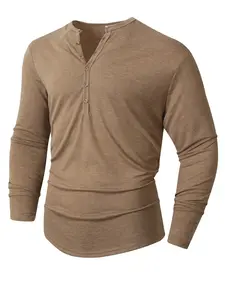 Men's Fall Winter Outfits Button Half-Open V Neck Pullover Long Sleeve Plain Fitted T-Shirt Top for Daliy Wear, Sexy Trendy Deep V Casual Minimalist Basic Versatile Tee Must-Have