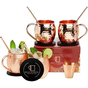 Mule Science Moscow Mule Copper Mugs Gift Set of 4 (19 oz) – Handcrafted Hammered Food-Safe & Tarnish-Resistant Copper Cups, Includes Straws, Coasters & Shot Glass