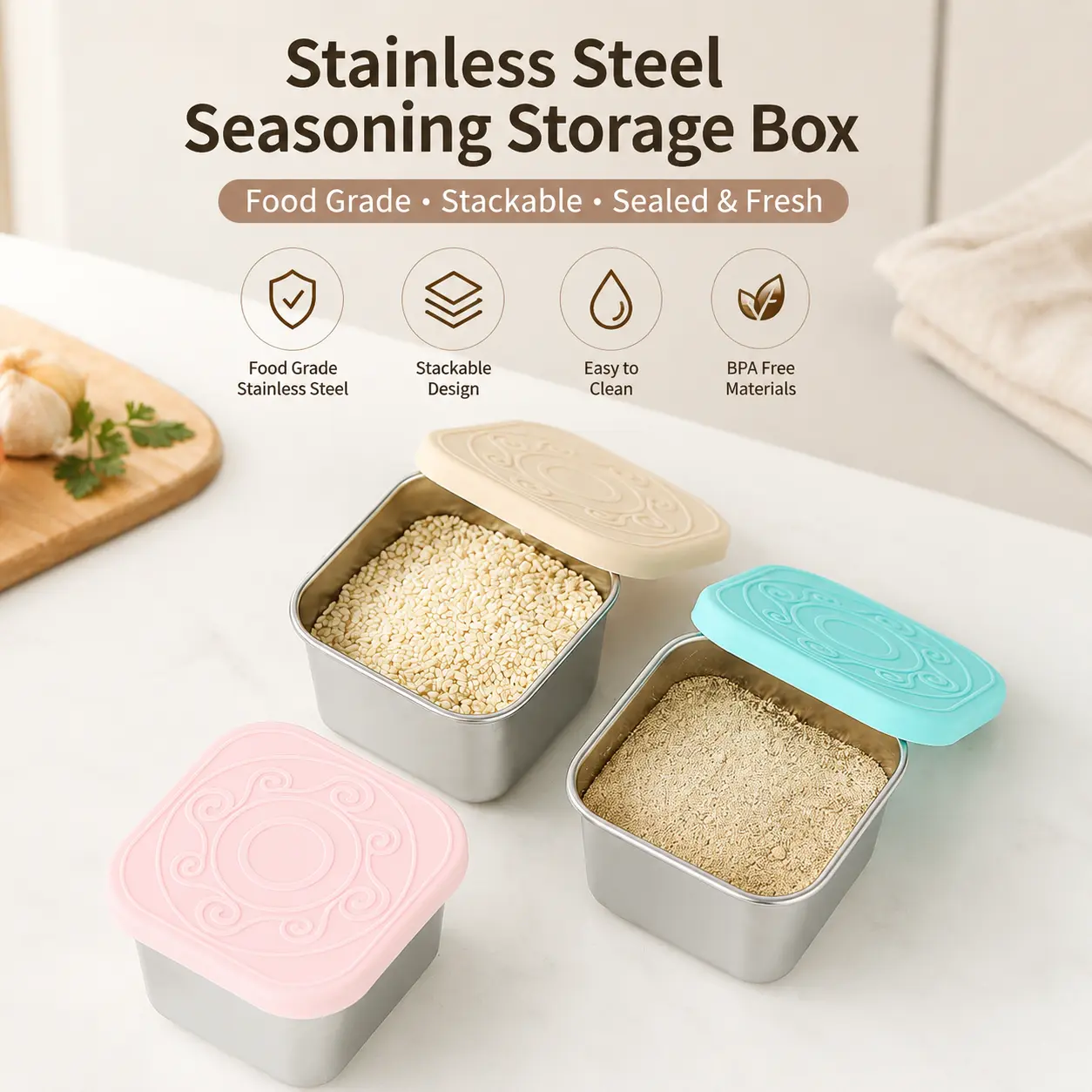 1-Pack Thickened Stainless Steel Square Kitchen Sauce Container - Metal, 180ML Stackable Box with Dustproof Leak-Proof Silicone Lid & Non-Slip Pad for Restaurant Lunch Packing, Home Use, Camping