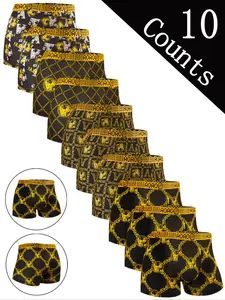 10 pcs black gold printed mid waist flat angle underwear, Boxer Briefs, Performance Boxer Briefs, Soft, breathable - elastic sports shorts, Suitable for daily wear and running exercise. Men's underwear