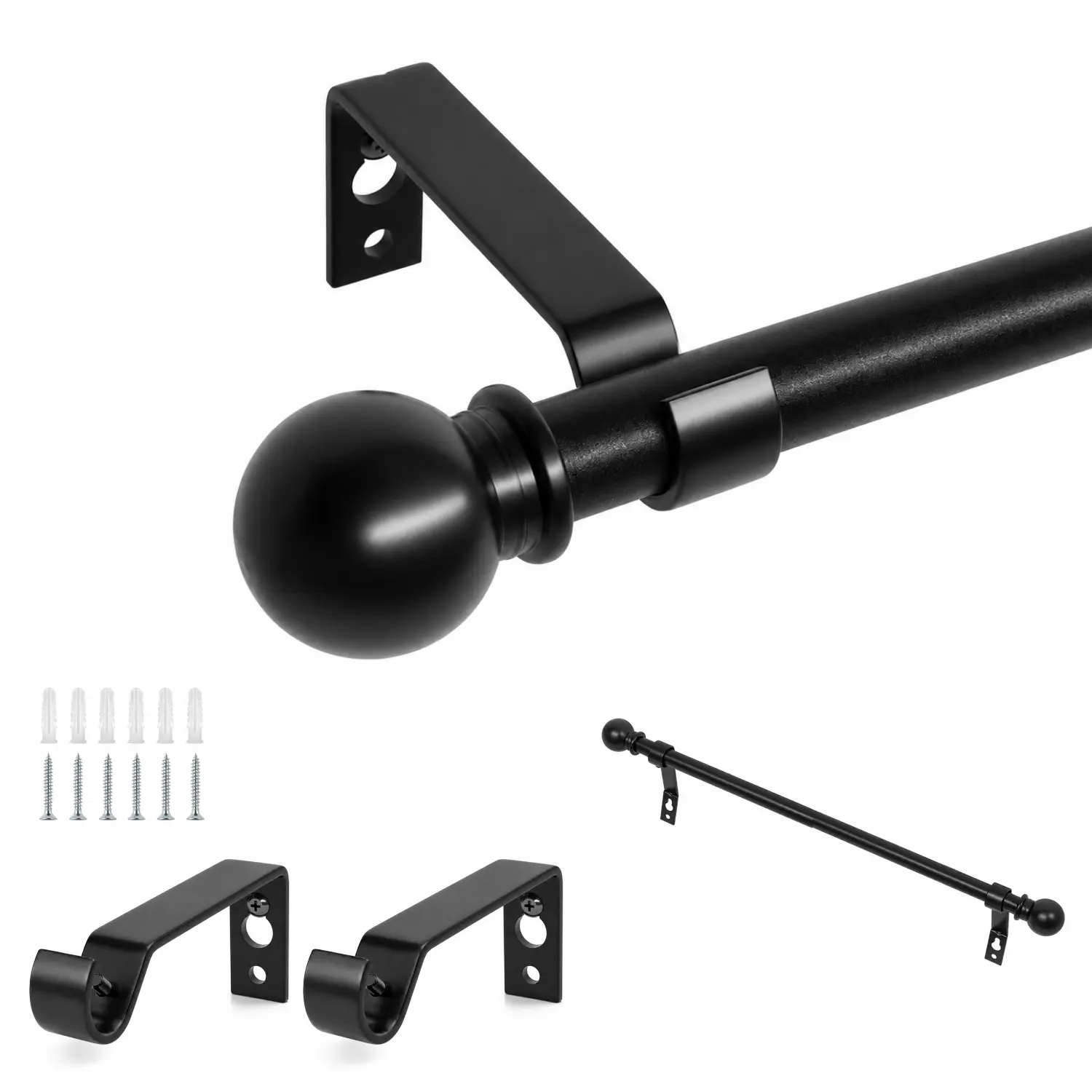 Matte Black Curtain Rod Set (28-48 In) - 1 Set Adjustable Heavy Duty Metal Straight Wall Mount Splicing Structure, Decorative Finials, Mounting Brackets for Bedroom, Kitchen Windows (Curtain Rods Black)