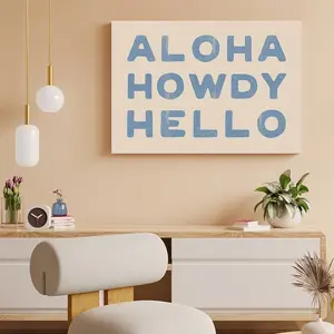 Aloha Howdy Hello  Art  Poster, Funny Greeting Quote Print, Minimalist Typography Aesthetic  Decor, Blue Text Modern Artwork, Wooden Framed or Unframed  Print for Living Room Entryway Bedroom Dorm Apartment, Trendy Home Decor Gift Wall canvas