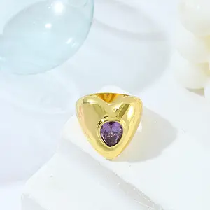 Vintage minimalist jewelry, with a heart-shaped main body, inlaid with purple classic-cut synthetic zircon. A Bohemian-style wide-face ring, featuring a high-saturation glossy polished design, is a light luxury and high-end gift for her.