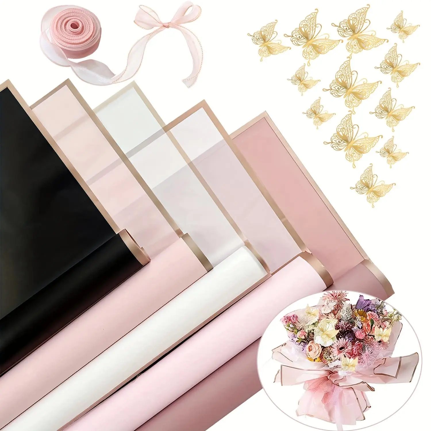 Flower Wrapping Paper Set, 38pcs/set Flower Decorative Wrapping Paper, 3D Butterfly and Ribbon, Waterproof Floral Bouquet Packaging Paper, Flower Shop