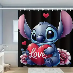 DISNEY CLASSIC Stitch Cartoon Shower Curtain, with Red Heart & Flowers Design, "Love", Includes 12 Hooks for Easy Installation, Ideal for Home Bathroom Decor