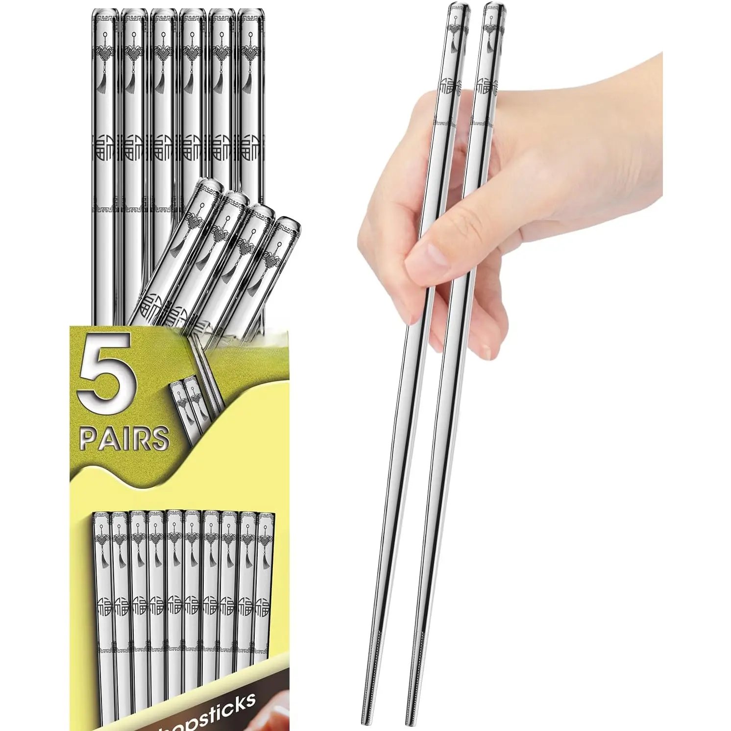 Stainless Steel Chopsticks - 5 Pairs  Metal Chopsticks Dishwasher Safe,  Chinese korean Chop sticks Set,Non-Slip Stainless Chop sticks,  Metal Chop sticks for Adults
