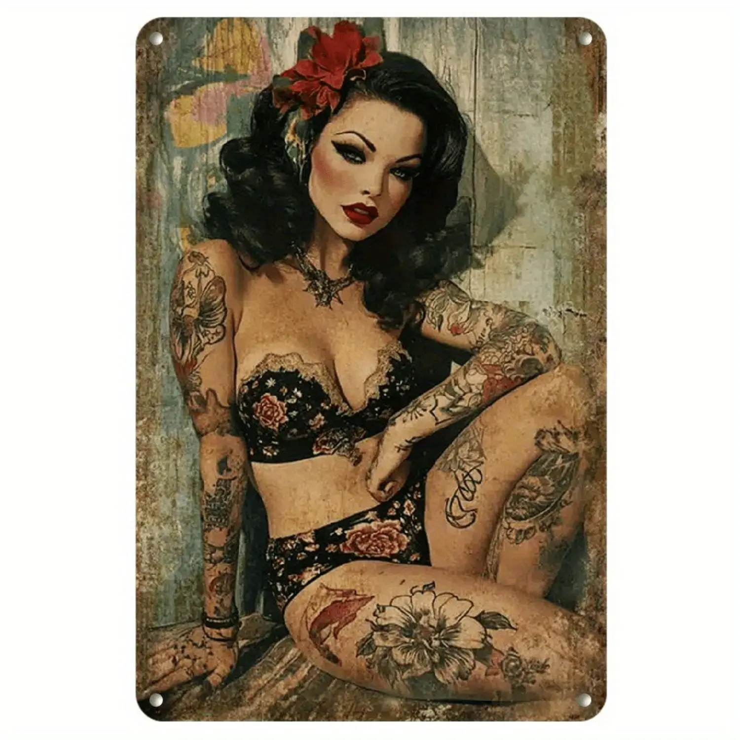 1pc Vintage Tattooed Lady Metal Tin Sign - Retro Pinup Wall Art with 1940s/50s Pin-Up, Floral Lingerie & Red Lipstick Design - Easy Hang Weathered Finish for Home, Bar, Cafe, for Cave - Mid-Century Modern Female Figure Decor