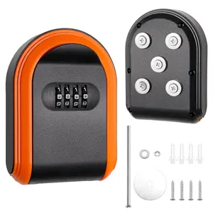 Magnetic Key Holder with Lock  Box Under Car Secure 4-Digit Combination Resettable Code For for Indoor Outdoor Store Door (Orange+Black)