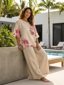 ESYAZO Italian Linen Floral 2-Piece Set – Premium Long Sleeve Blouse & Wide-Leg Trousers