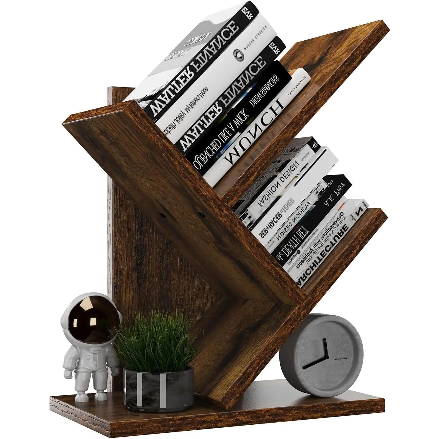 2 Tier Tree Bookshelf, Small Bookcase, Modern  Book Storage Rack Organizer, Freestanding Book Shelf for Books/Movies/CDs, Display Rack for Bedroom, Home Office, Rustic Brown UHBC012H