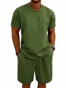 Men's Loose Fit Summer Sport Set, Matching Casual Plain Round Neck Half Sleeve Shorts Set, Comfortable Home Wear, Asymmetrical Design