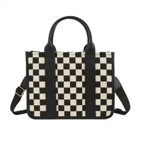 Women's Black White Checkered Tote Bag with Adjustable Crossbody Strap, Everyday Bag, Crossbody Purse, Daily Use Accessory