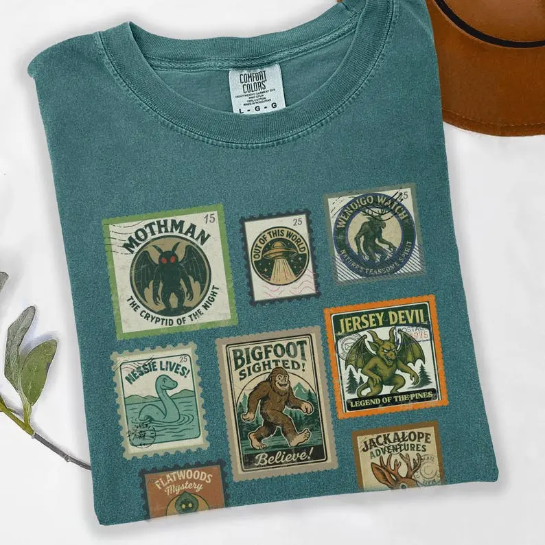 Comfort Colors Vintage Cryptid Stamps Tee, Cryptozoology Hiking Gift Camping TShirt, Spooky Cryptid Gift Bigfoot Shirt Folk Horror Gift