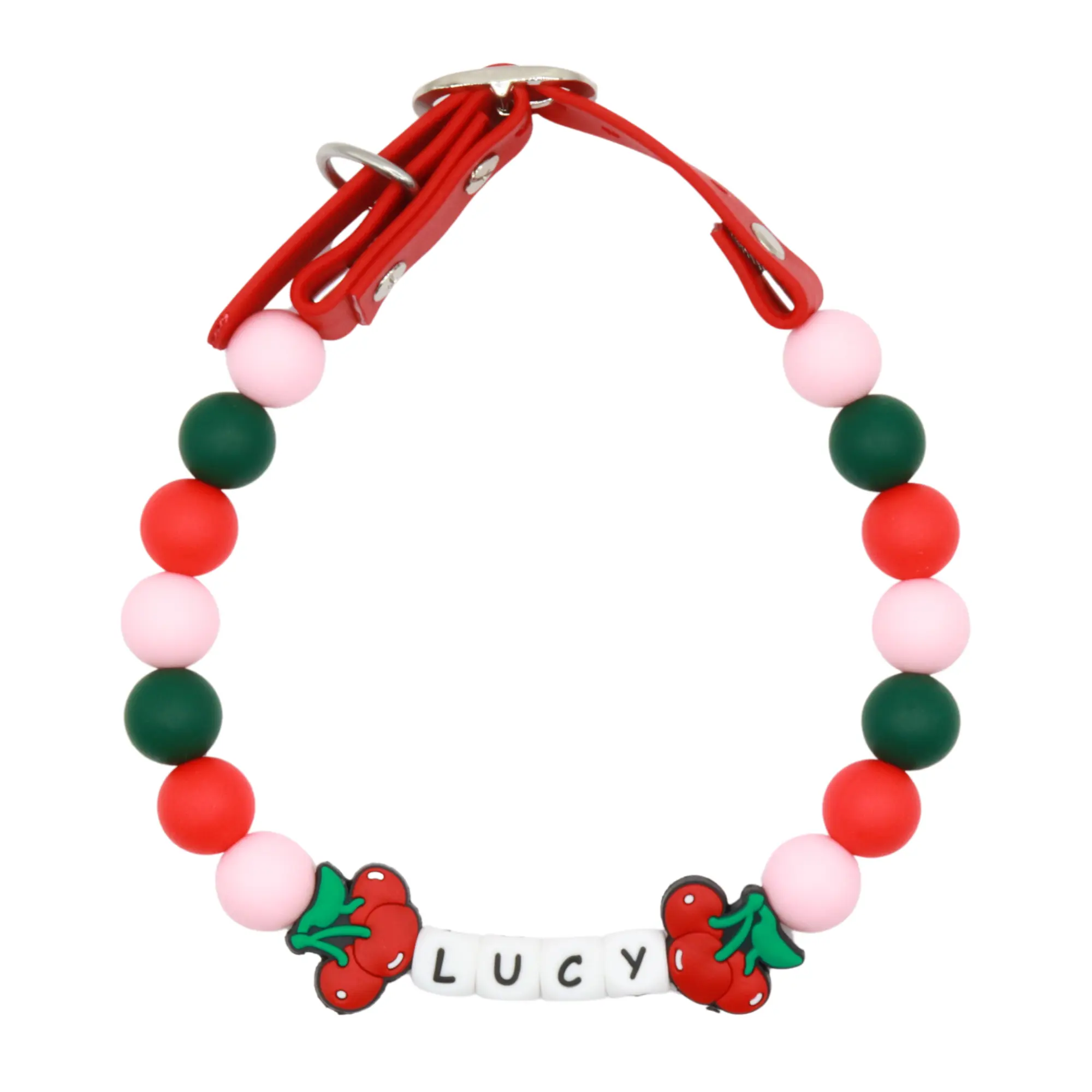 Custom Beaded Name Collar for Dogs-  Adjustable Cherry Necklace-Small, Medium, Large Pets-Handmade in the USA with Colorful Beads-Personalized Colors