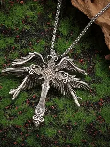 Vintage Angel Wing Design Pendant Necklace, Punk Style Necklace for Party, Daily Decor, Trendy All-match & Exquisite Jewelry for Birthday Gift, Cross Necklace, Coptic Cross Necklace