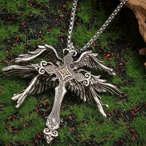 Vintage Angel Wing Design Pendant Necklace, Punk Style Necklace for Party, Daily Decor, Trendy All-match & Exquisite Jewelry for Birthday Gift, Cross Necklace, Coptic Cross Necklace, Fashion Necklace, Alloy Necklace, Fashion Cool Accessories