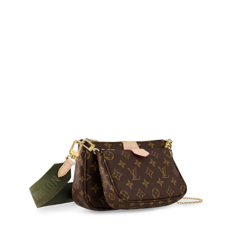 ‮ nottiuV siuoL  ‬   Multi-Pȯchette 3-in-1 Crossbody Bag Monogram Coated Canvas Women's Luxury Shoulder Clutch with Green Strap.